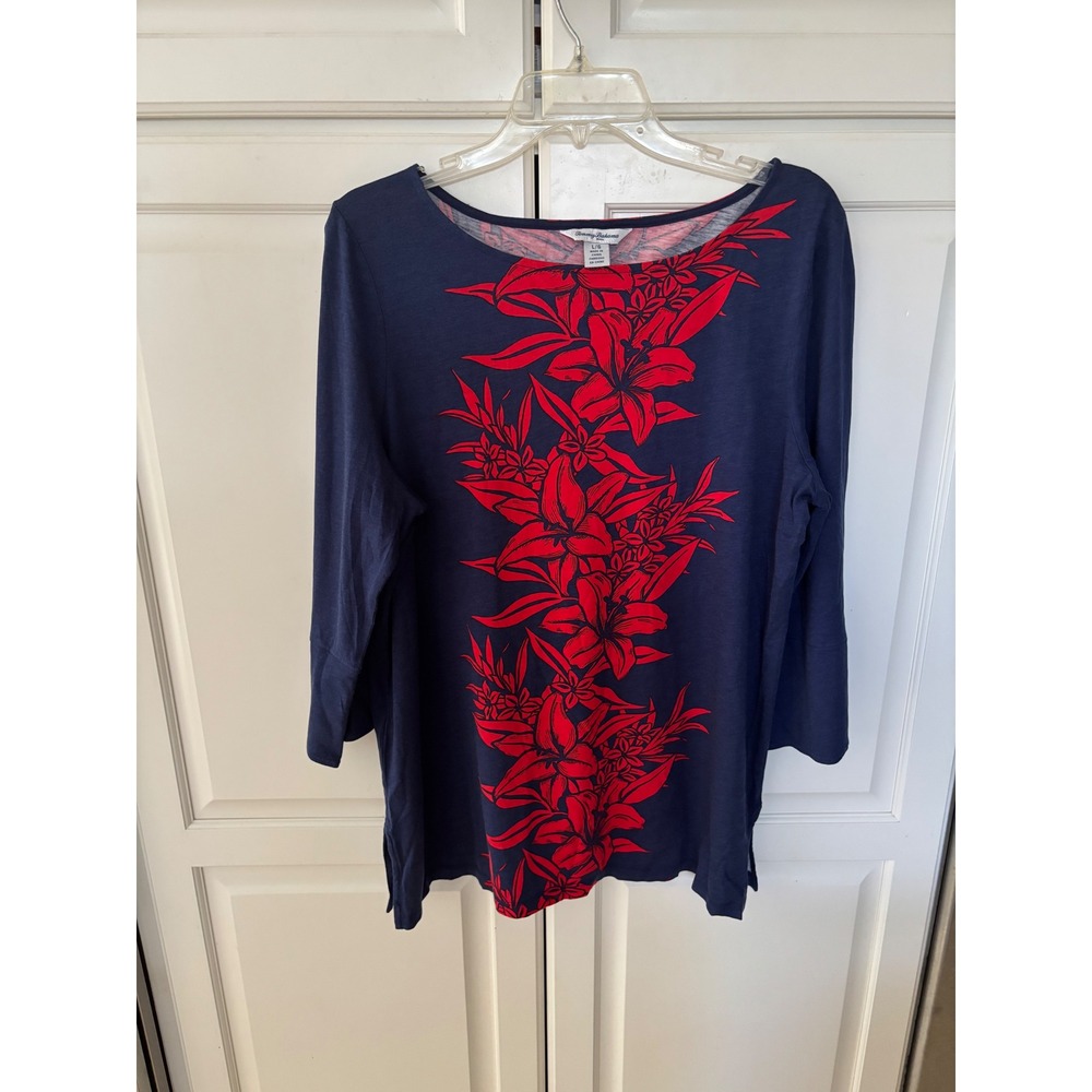 Tommy Bahama Womens Navy Blue Red Tropical Floral Lily Print Top Large